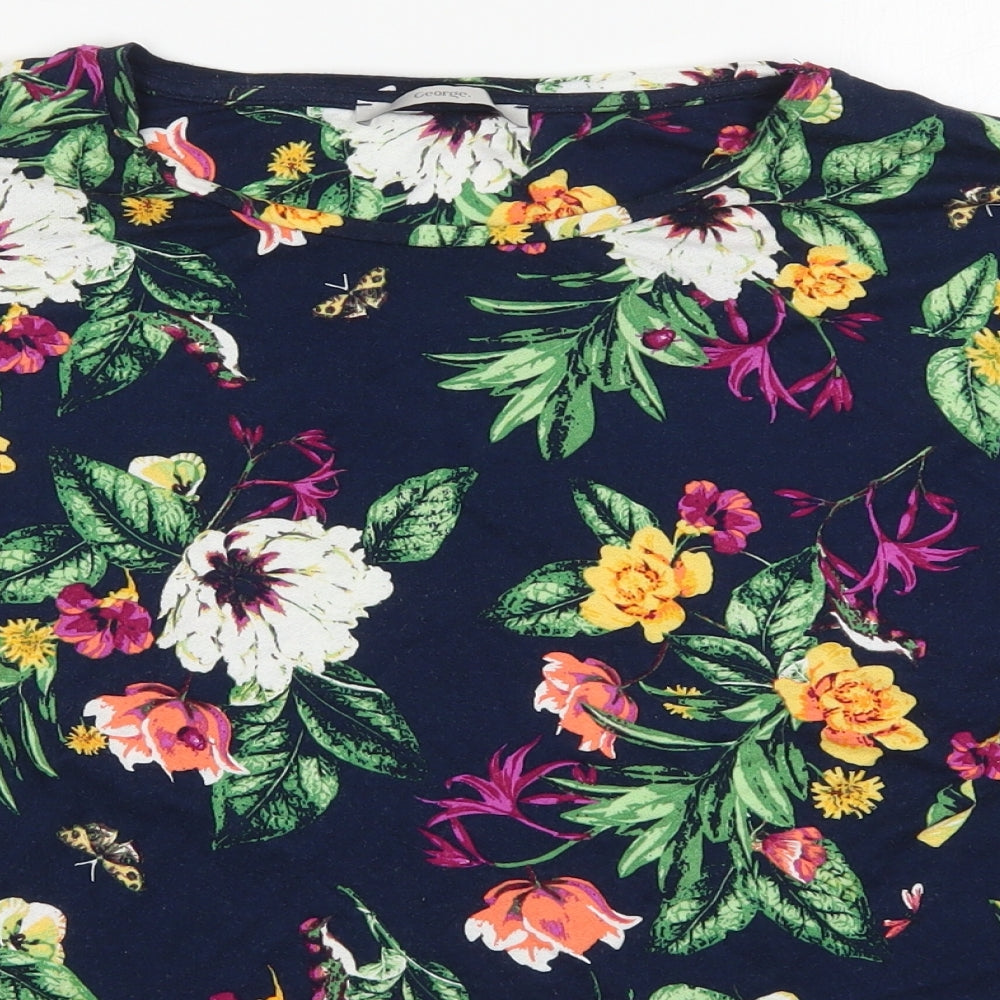 George Womens Blue Floral Viscose Basic T-Shirt Size 16 Round Neck