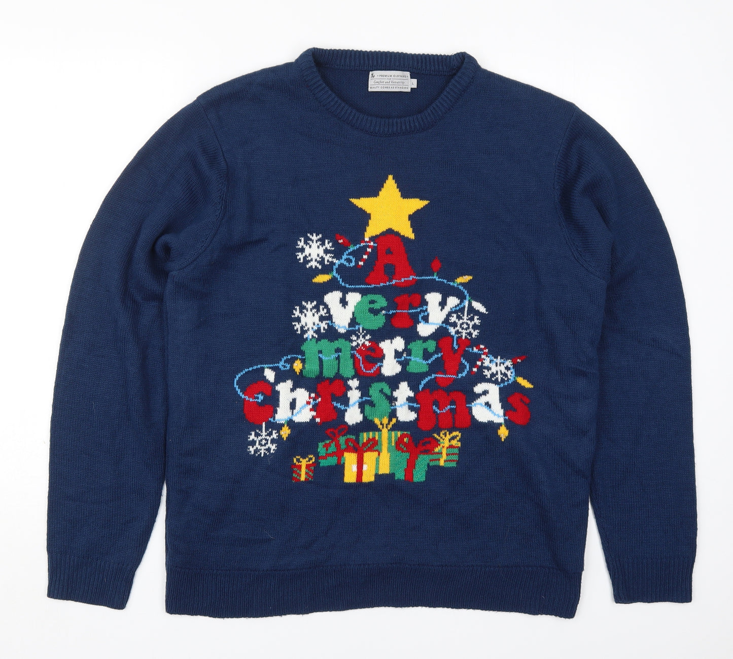 TU Mens Blue Round Neck  Acrylic Pullover Jumper Size L   - A Very Merry Christmas