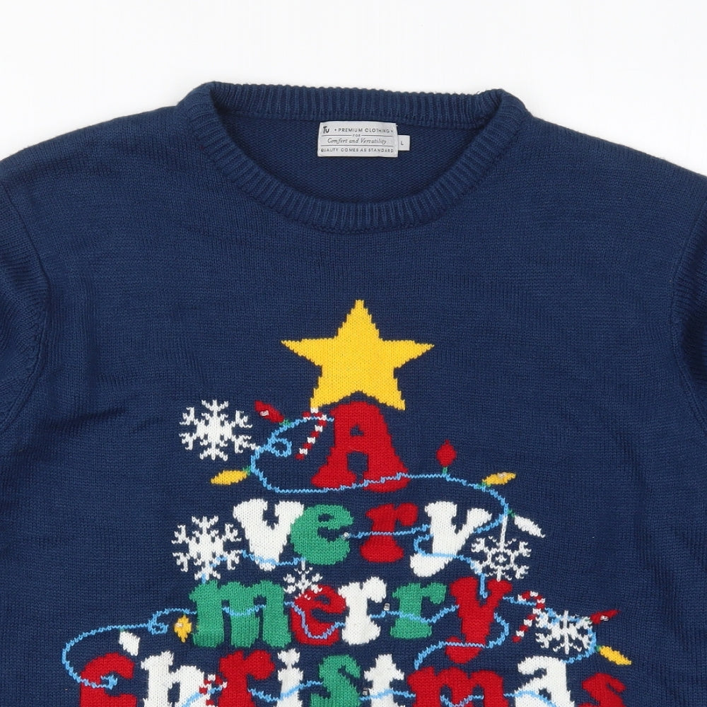 TU Mens Blue Round Neck  Acrylic Pullover Jumper Size L   - A Very Merry Christmas