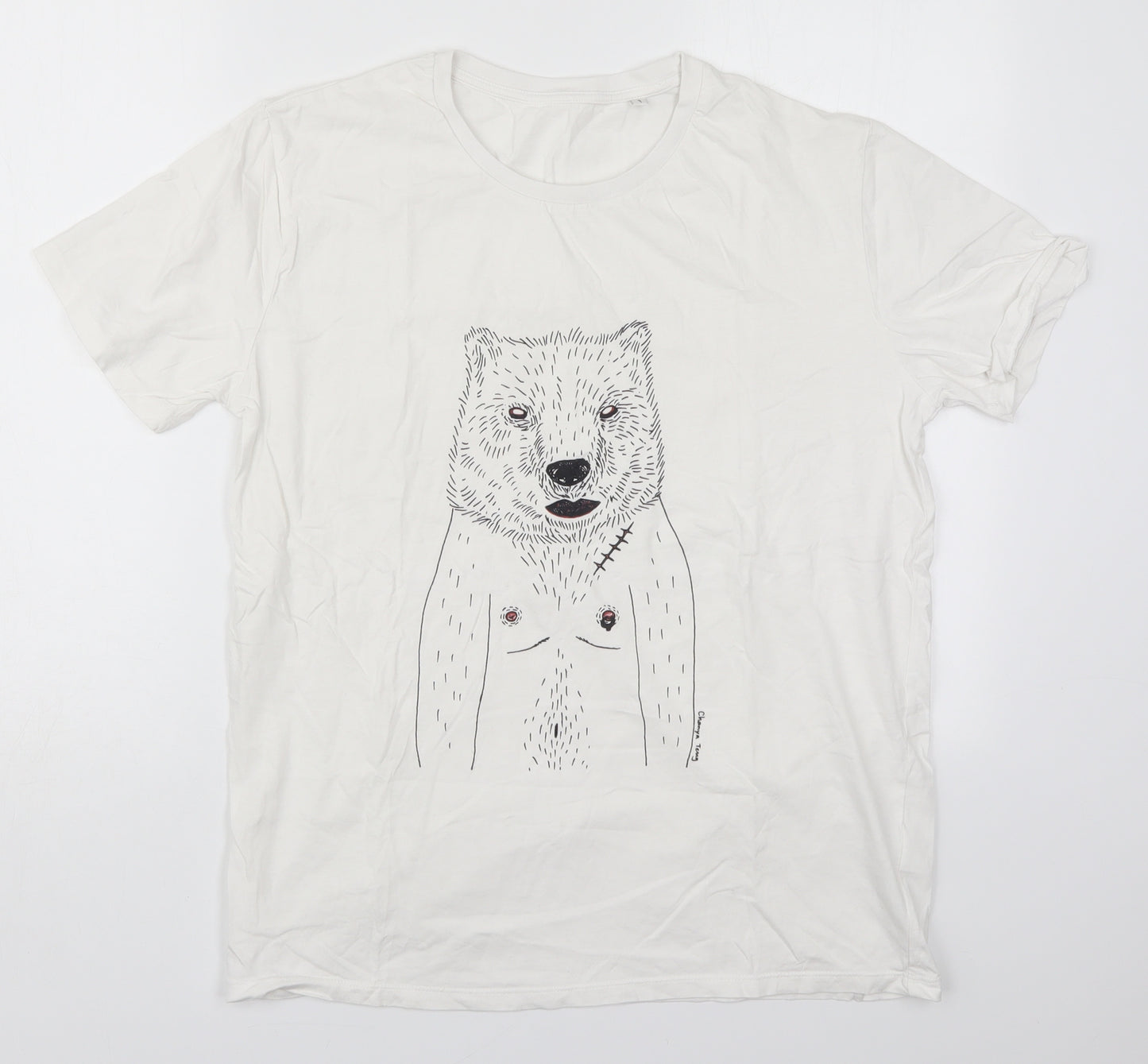 Stella Stanley Mens White  Cotton  T-Shirt Size L Crew Neck  - Bear