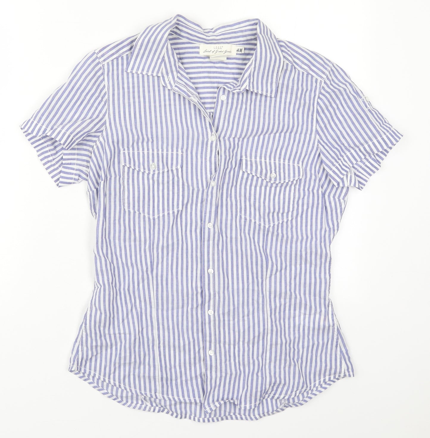 H&M Womens Blue Striped Cotton Basic Button-Up Size 10 Collared