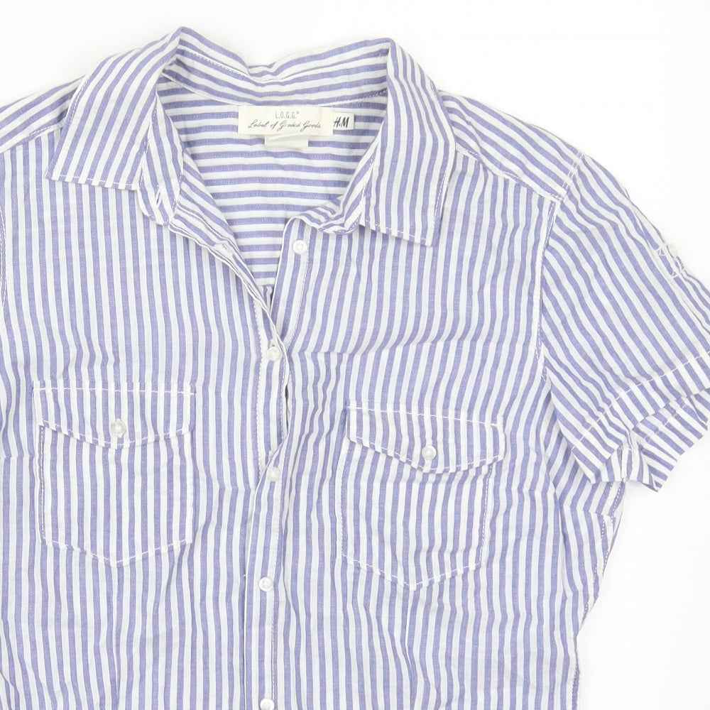 H&M Womens Blue Striped Cotton Basic Button-Up Size 10 Collared