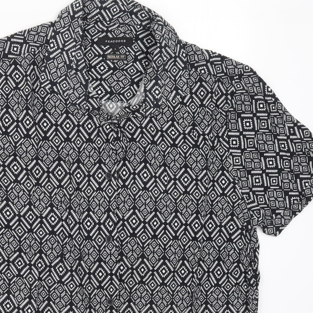 Peacocks Mens Black Geometric Viscose  Button-Up Size L Collared Button