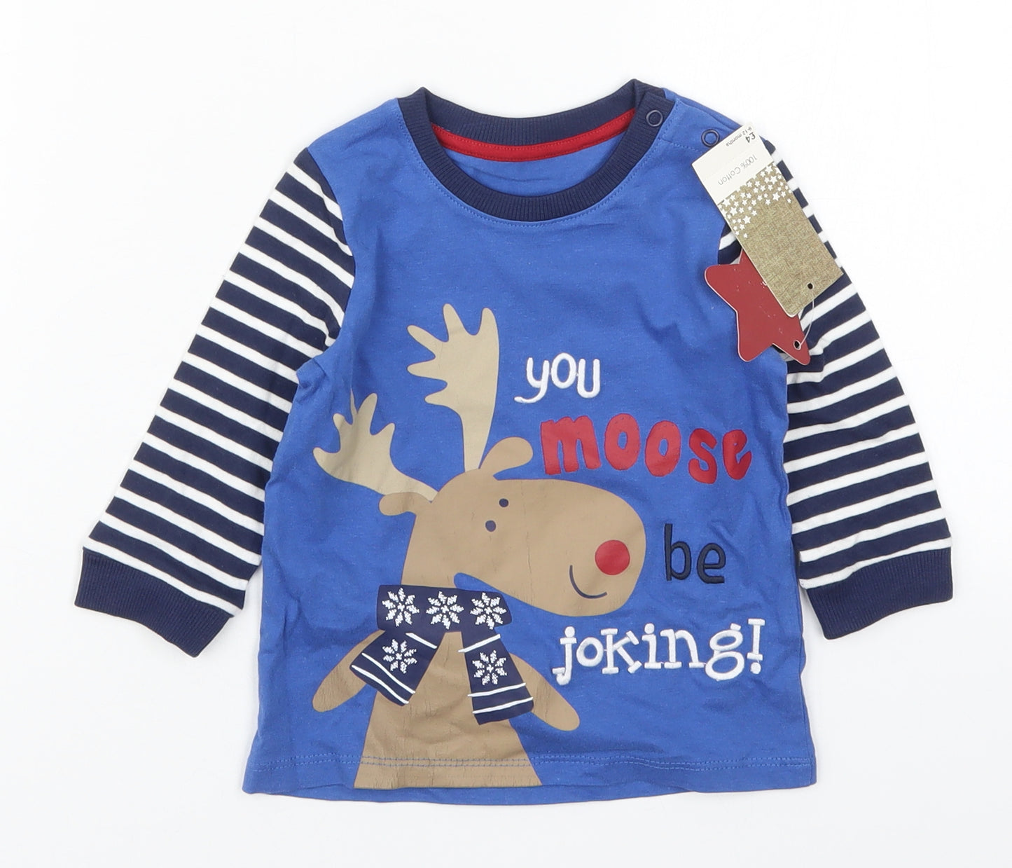 Matalan Boys Blue Striped Cotton Basic T-Shirt Size 9-12 Months Crew Neck Pullover - You Moose Be Joking