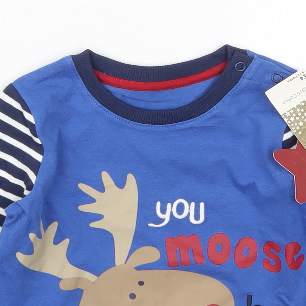 Matalan Boys Blue Striped Cotton Basic T-Shirt Size 9-12 Months Crew Neck Pullover - You Moose Be Joking