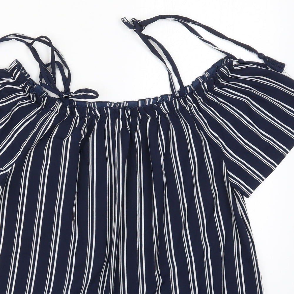 Pep&Co Womens Blue Striped Polyester Basic Blouse Size 12 Off the Shoulder