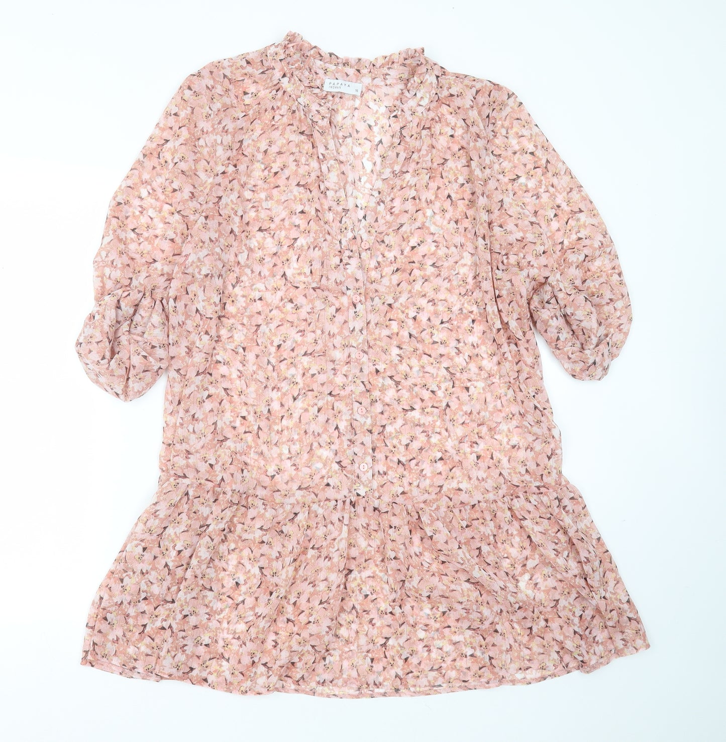 Papaya Womens Pink Floral Polyester Shift  Size 16  V-Neck  - sheer