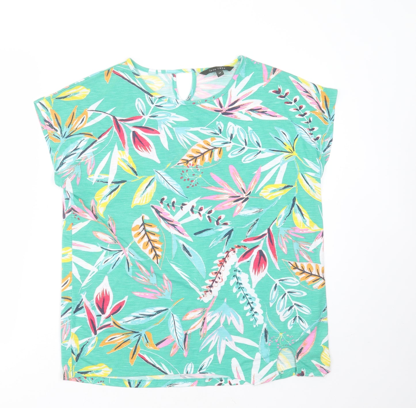 Love Tees Womens Green Floral Polyester Basic T-Shirt Size 14 Round Neck