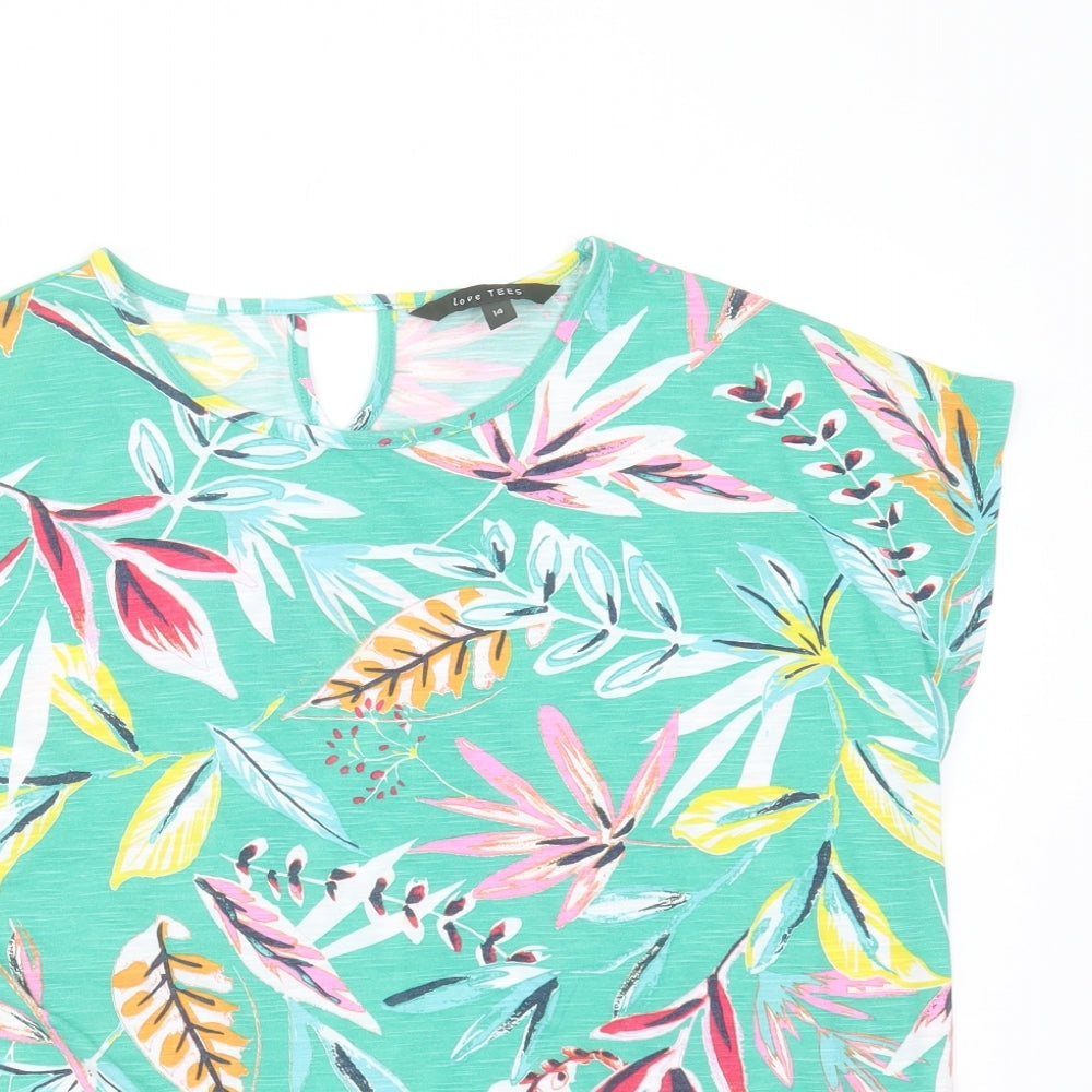 Love Tees Womens Green Floral Polyester Basic T-Shirt Size 14 Round Neck