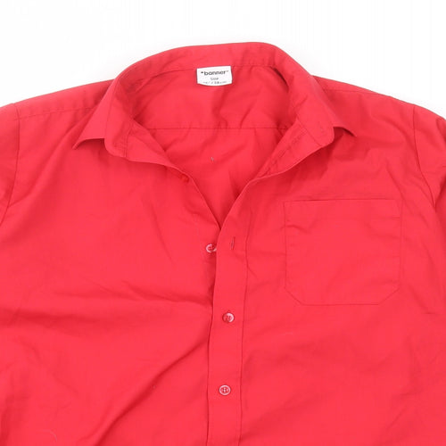 Banner Mens Red  Polyester  Button-Up Size 15 Collared Button