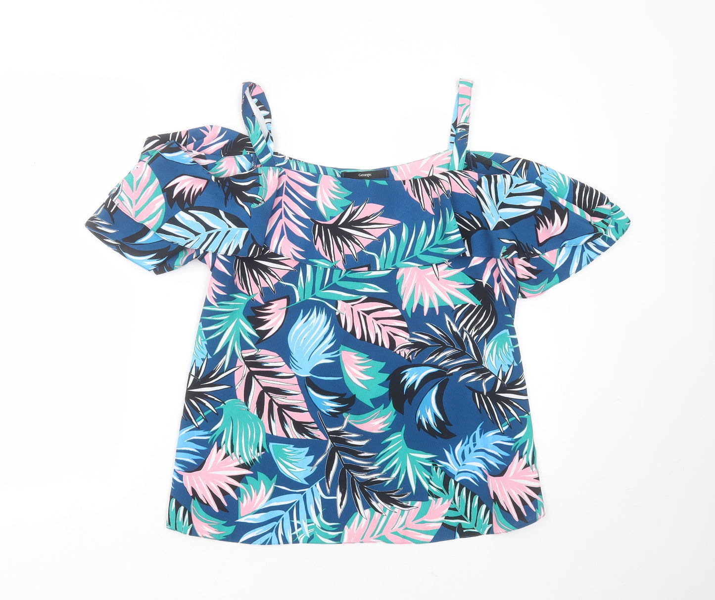 George Womens Blue Floral Polyester Basic Blouse Size 12 Round Neck - leaf print