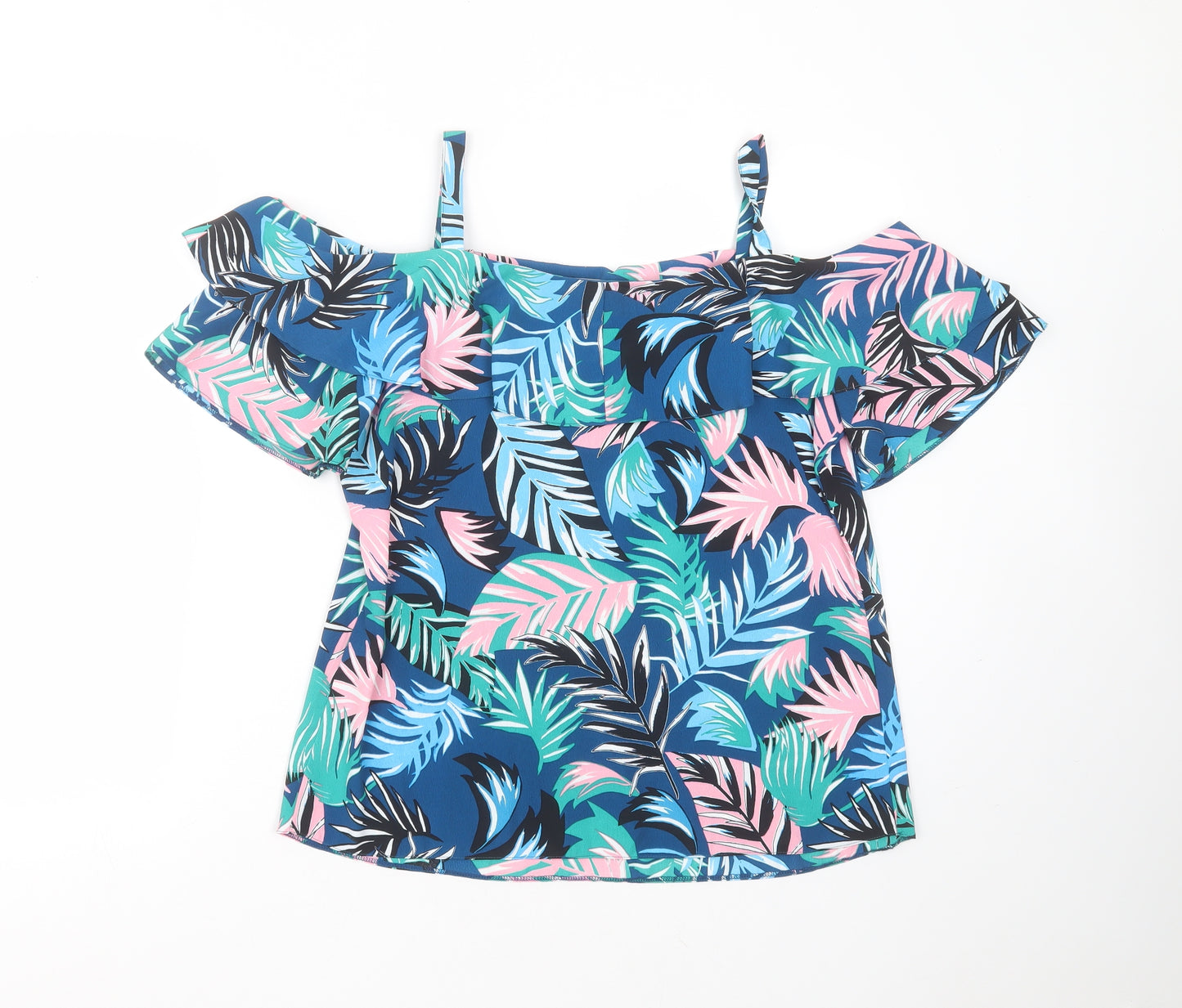 George Womens Blue Floral Polyester Basic Blouse Size 12 Round Neck - leaf print