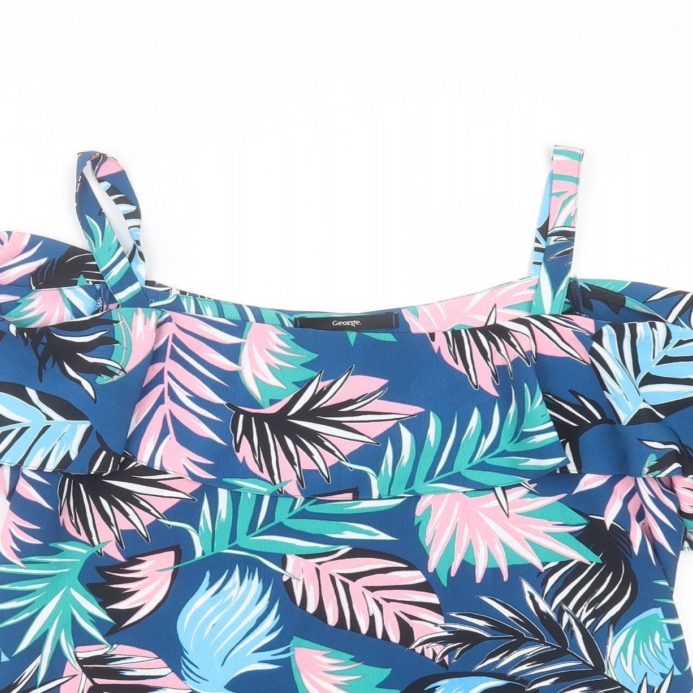 George Womens Blue Floral Polyester Basic Blouse Size 12 Round Neck - leaf print