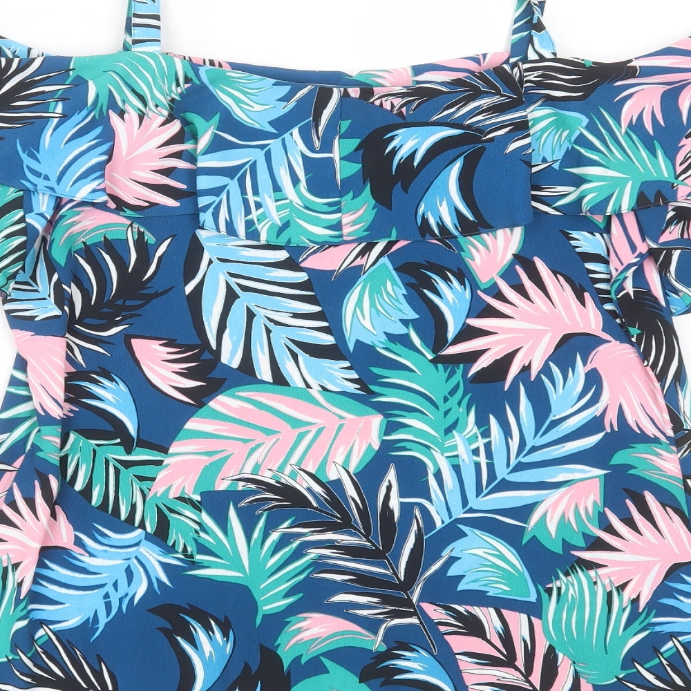 George Womens Blue Floral Polyester Basic Blouse Size 12 Round Neck - leaf print