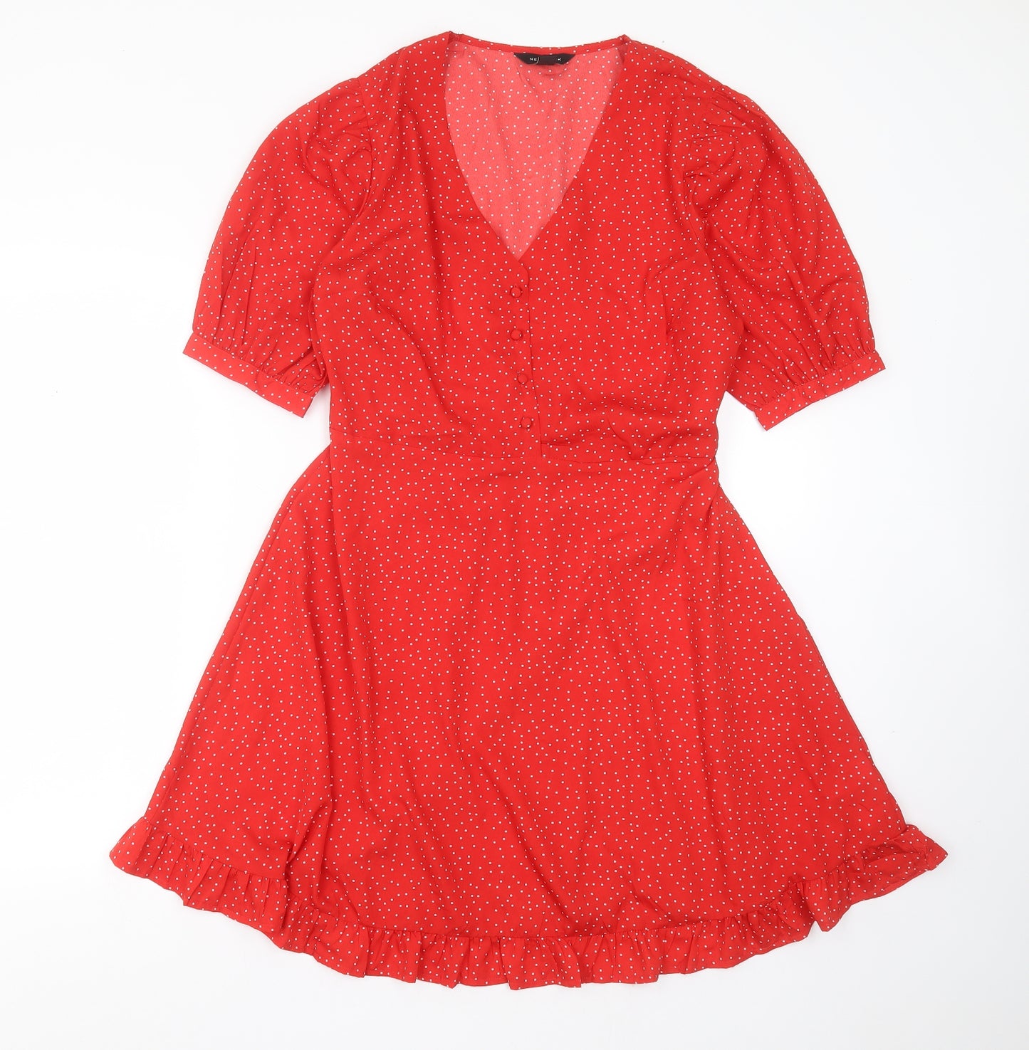 New Look Womens Red Polka Dot Polyester Fit & Flare  Size 14  V-Neck
