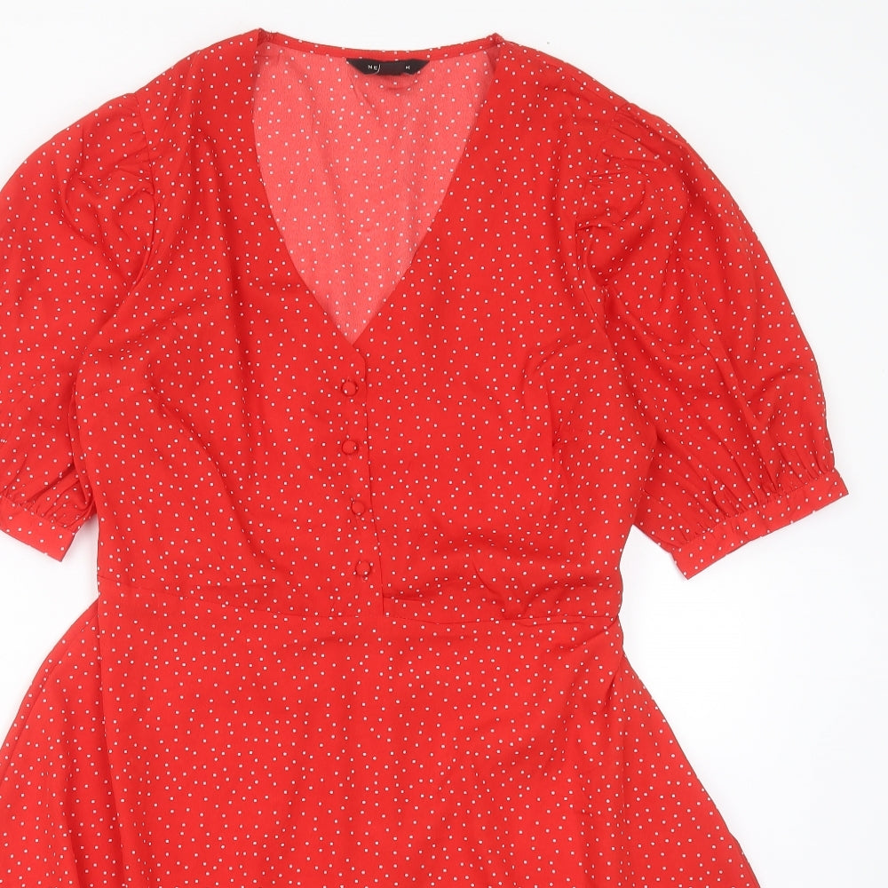 New Look Womens Red Polka Dot Polyester Fit & Flare  Size 14  V-Neck