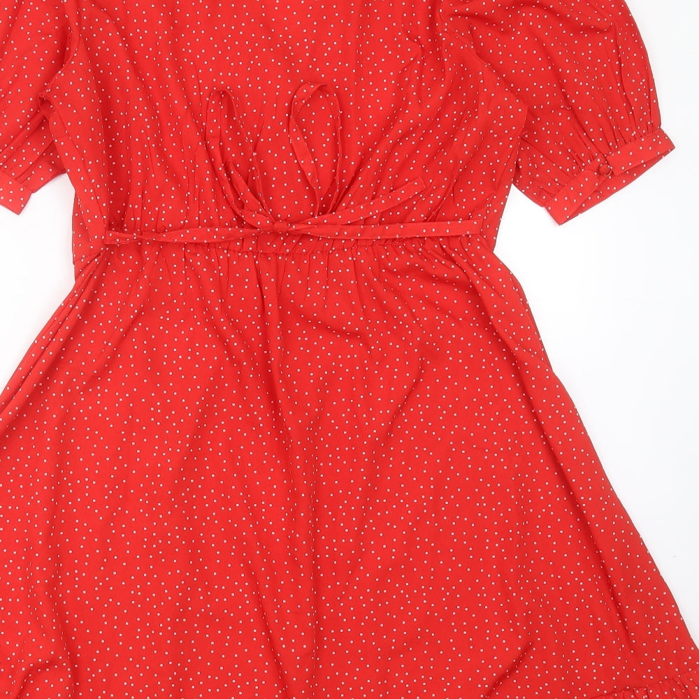 New Look Womens Red Polka Dot Polyester Fit & Flare  Size 14  V-Neck