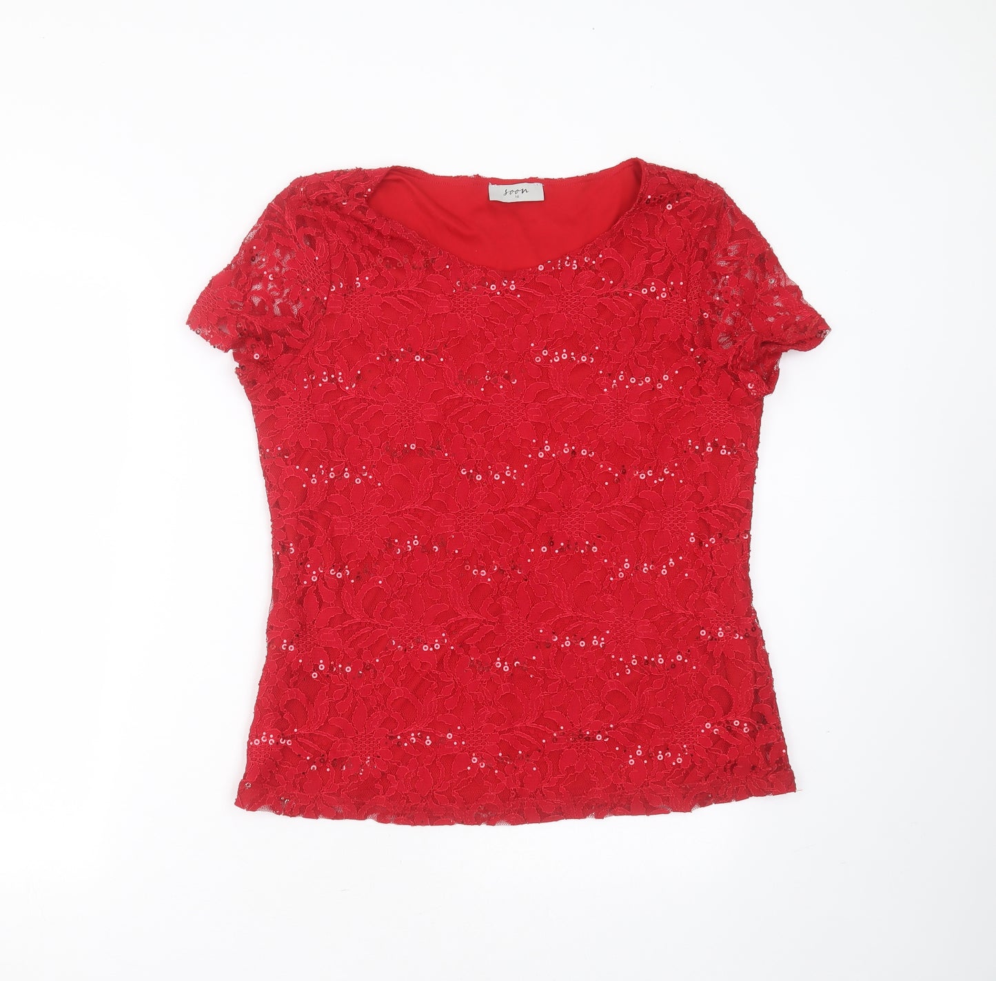 Soon Womens Red Floral Polyamide Basic Blouse Size 14 Round Neck - sequins