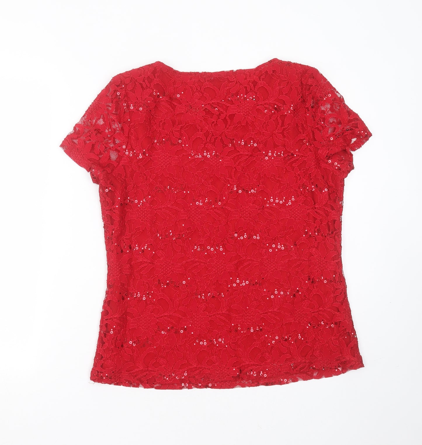 Soon Womens Red Floral Polyamide Basic Blouse Size 14 Round Neck - sequins