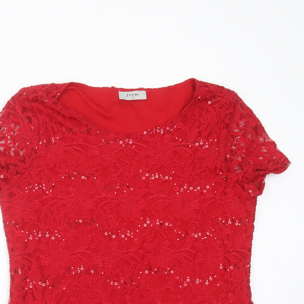 Soon Womens Red Floral Polyamide Basic Blouse Size 14 Round Neck - sequins