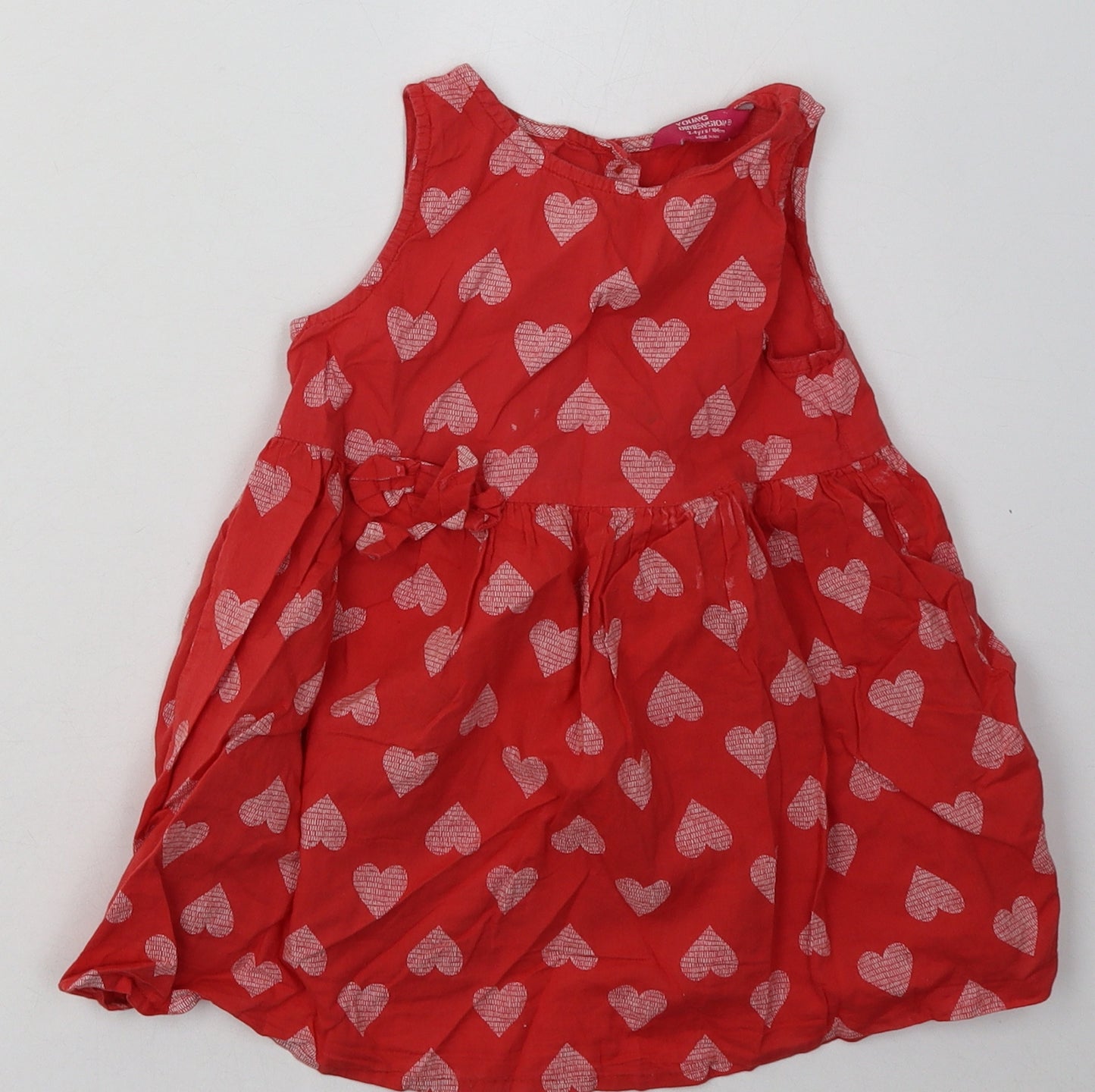 Primark Girls Red Geometric Cotton A-Line  Size 3-4 Years  Crew Neck Button - Heart Print