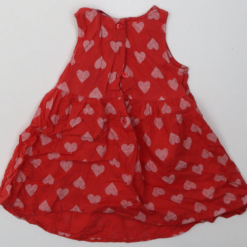 Primark Girls Red Geometric Cotton A-Line  Size 3-4 Years  Crew Neck Button - Heart Print