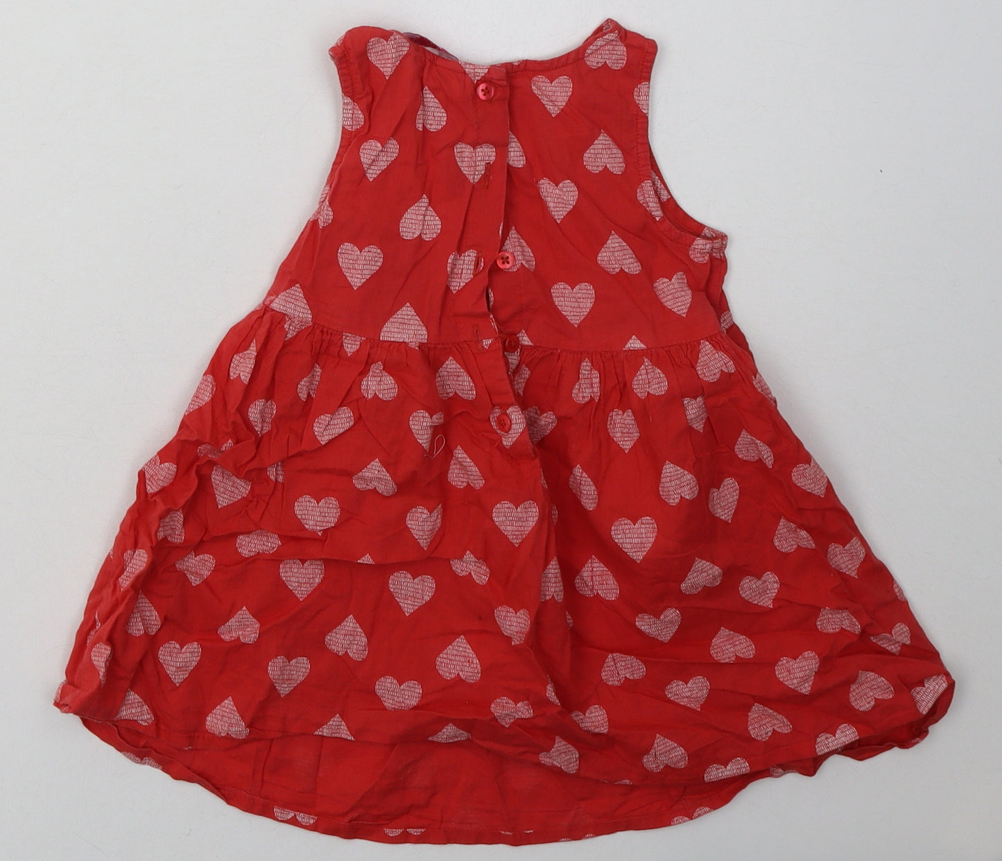 Primark Girls Red Geometric Cotton A-Line  Size 3-4 Years  Crew Neck Button - Heart Print