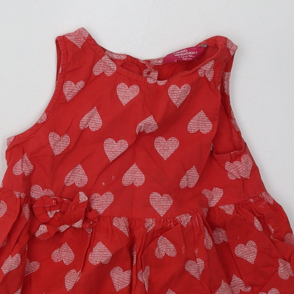Primark Girls Red Geometric Cotton A-Line  Size 3-4 Years  Crew Neck Button - Heart Print