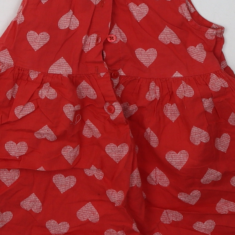 Primark Girls Red Geometric Cotton A-Line  Size 3-4 Years  Crew Neck Button - Heart Print