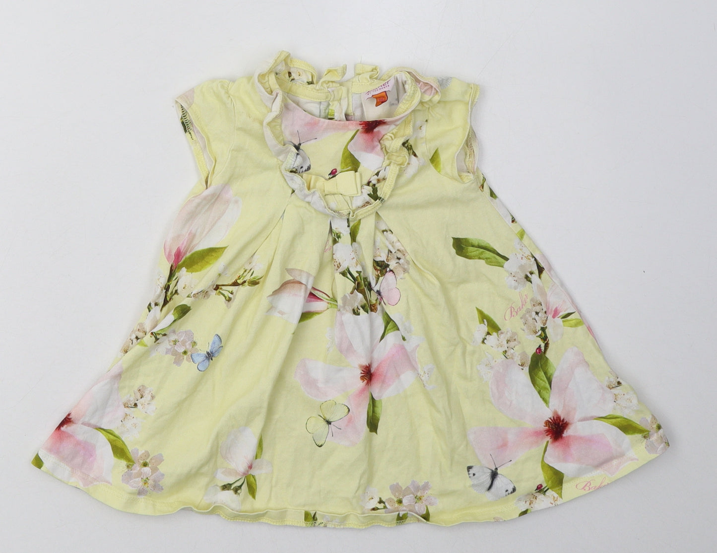 Debenhams Girls Yellow Floral Cotton A-Line  Size 9-12 Months  Crew Neck Button