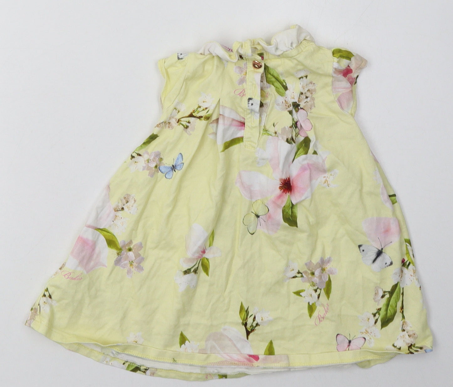 Debenhams Girls Yellow Floral Cotton A-Line  Size 9-12 Months  Crew Neck Button