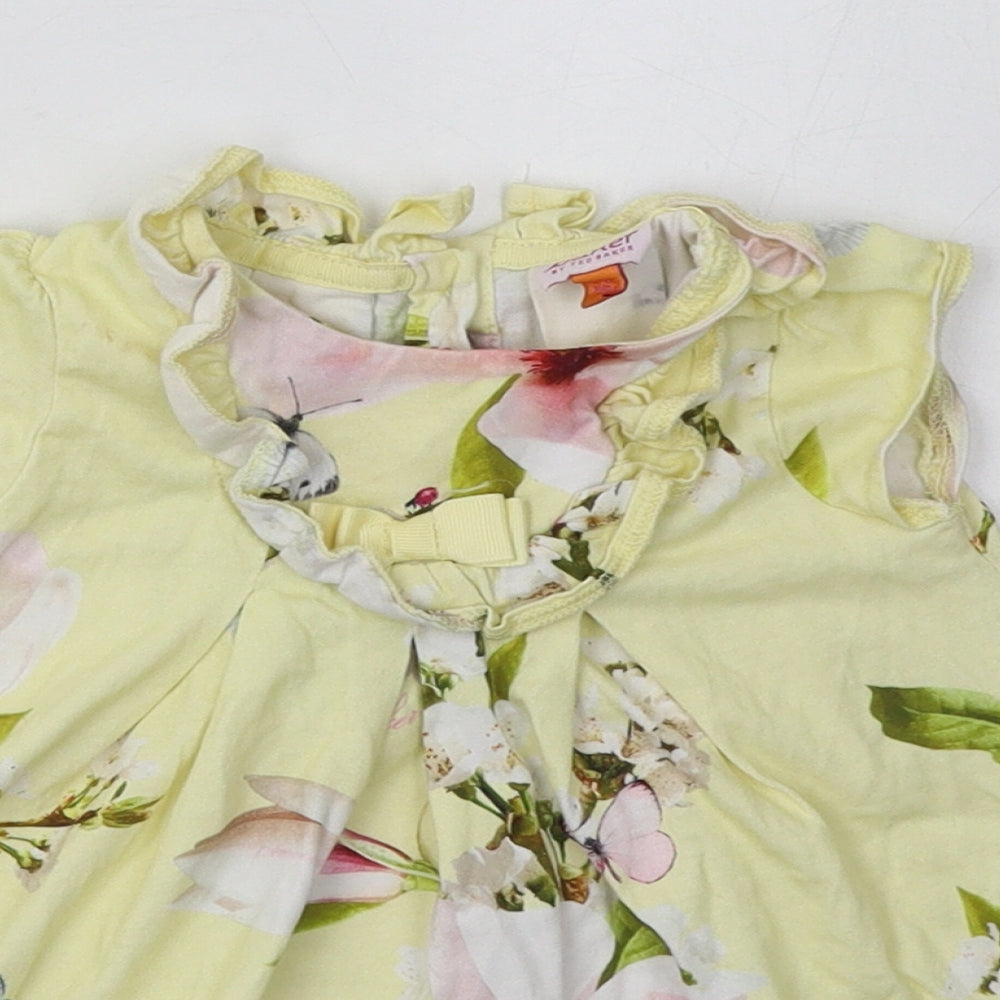 Debenhams Girls Yellow Floral Cotton A-Line  Size 9-12 Months  Crew Neck Button