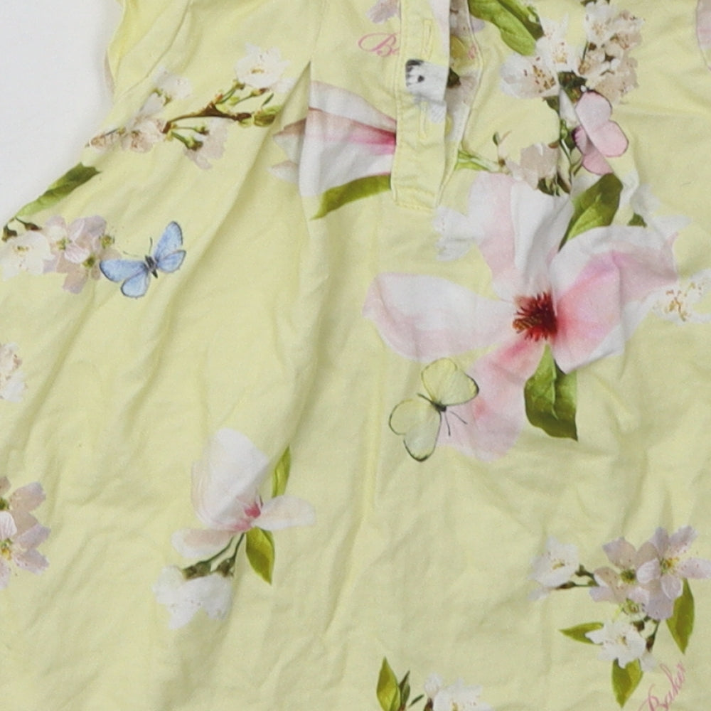 Debenhams Girls Yellow Floral Cotton A-Line  Size 9-12 Months  Crew Neck Button