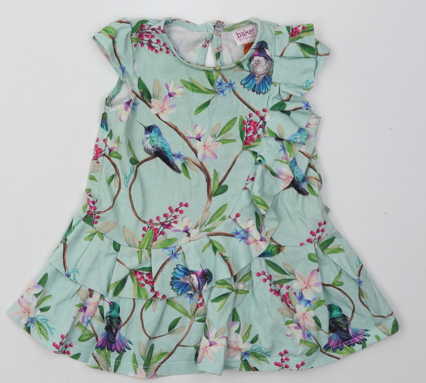Ted Baker Girls Green Fair Isle Cotton A-Line  Size 6-9 Months  Crew Neck Button