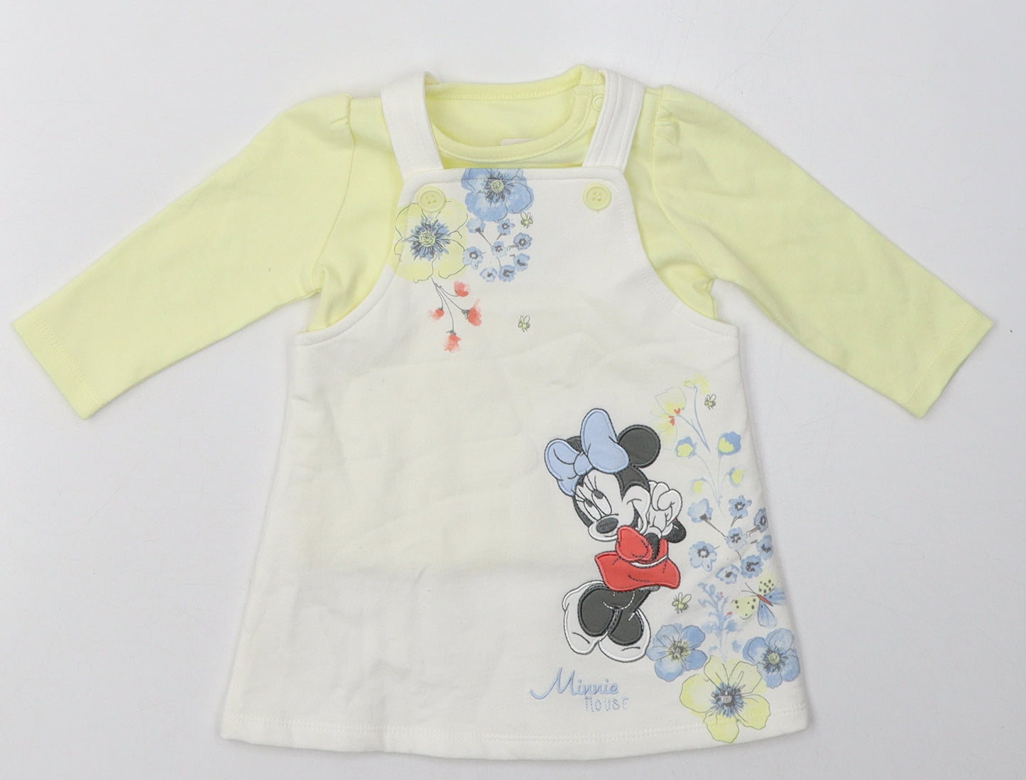 Nutmeg Girls Yellow Floral Cotton A-Line  Size 3-6 Months  Crew Neck Buckle - Minnie Mouse