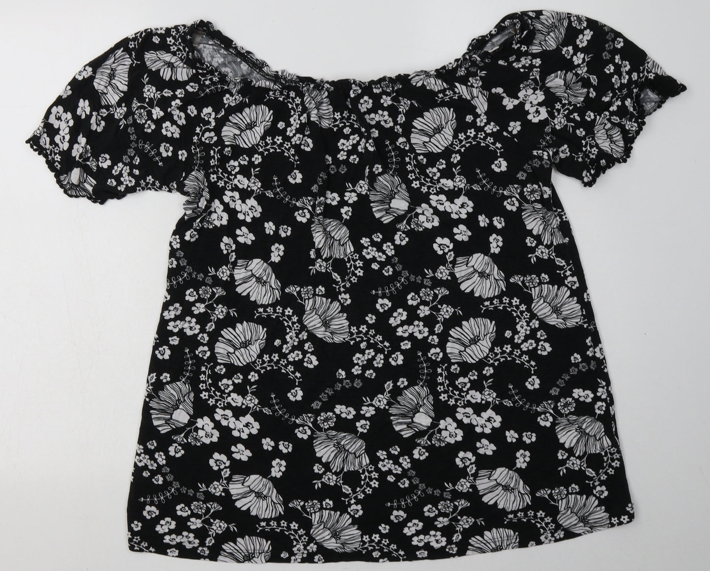 George Womens Black Floral Viscose Basic T-Shirt Size 14 Off the Shoulder