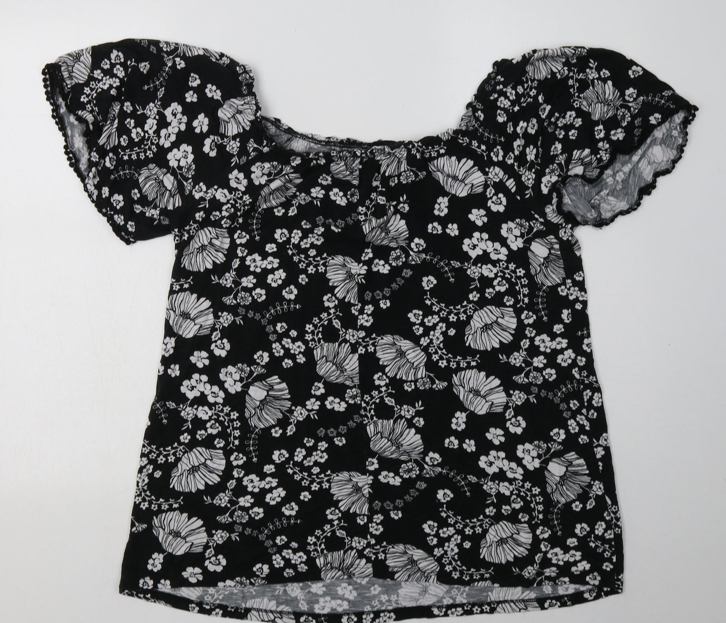 George Womens Black Floral Viscose Basic T-Shirt Size 14 Off the Shoulder