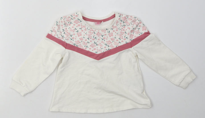 pep&co Girls White Floral Cotton Basic Casual Size 18-24 Months Crew Neck Pullover