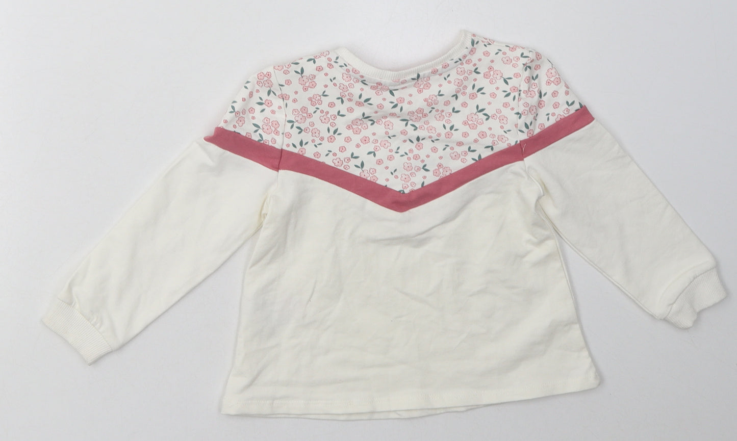 pep&co Girls White Floral Cotton Basic Casual Size 18-24 Months Crew Neck Pullover