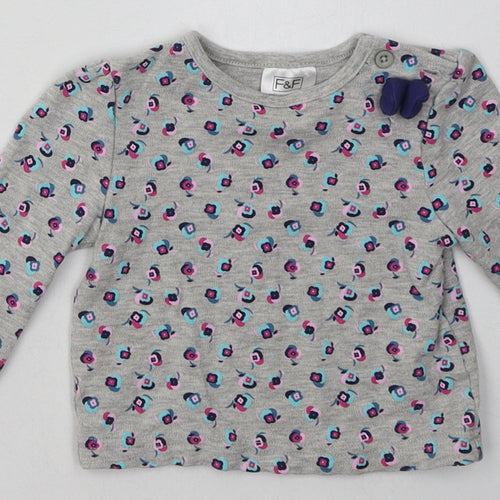 F&F Girls Grey Floral Cotton Basic Casual Size 3-6 Months Crew Neck Button
