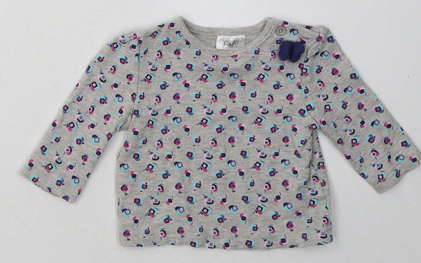 F&F Girls Grey Floral Cotton Basic Casual Size 3-6 Months Crew Neck Button