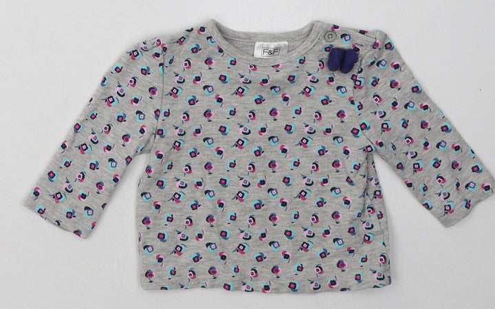 F&F Girls Grey Floral Cotton Basic Casual Size 3-6 Months Crew Neck Button