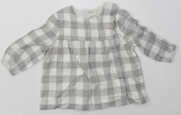 mamas & papas Girls Grey Check Cotton A-Line Size 3-6 Months Crew Neck Button