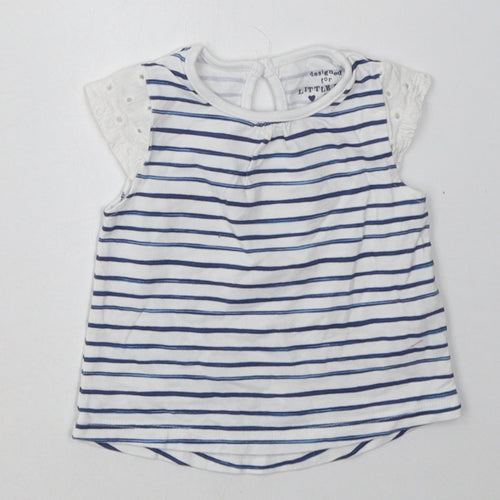 F&F Girls Blue Striped Cotton Basic T-Shirt Size 0-3 Months Crew Neck Button