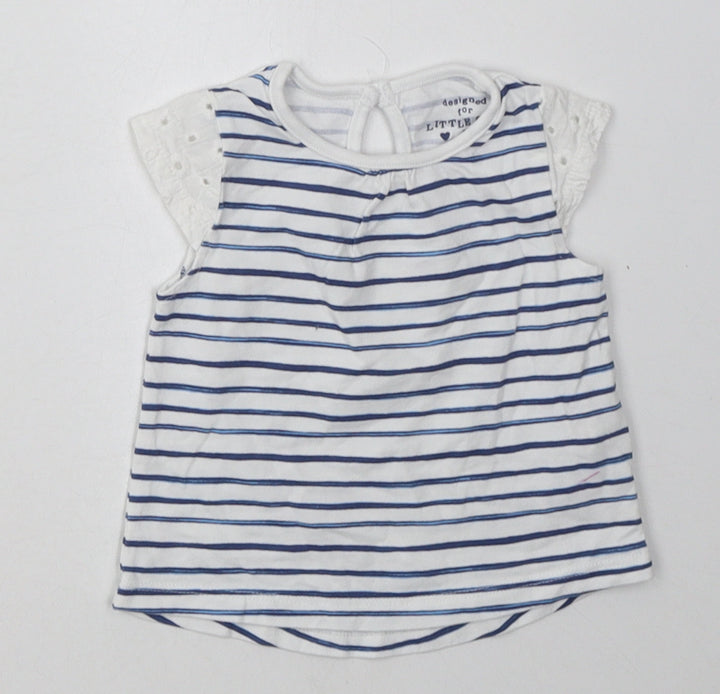 F&F Girls Blue Striped Cotton Basic T-Shirt Size 0-3 Months Crew Neck Button