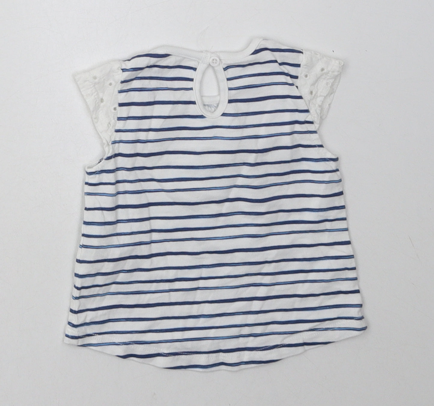 F&F Girls Blue Striped Cotton Basic T-Shirt Size 0-3 Months Crew Neck Button