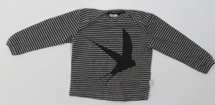 Preworn Boys Grey Striped Cotton Basic T-Shirt Size 0-3 Months Crew Neck Pullover