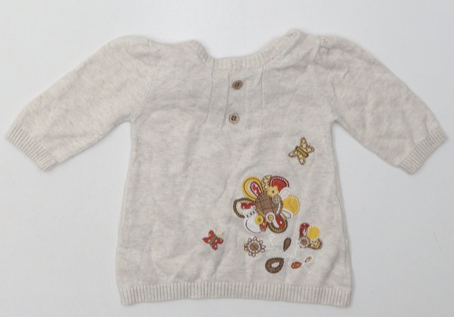 Sainsburys Girls Beige Floral Cotton Basic Casual Size 0-3 Months Crew Neck Button