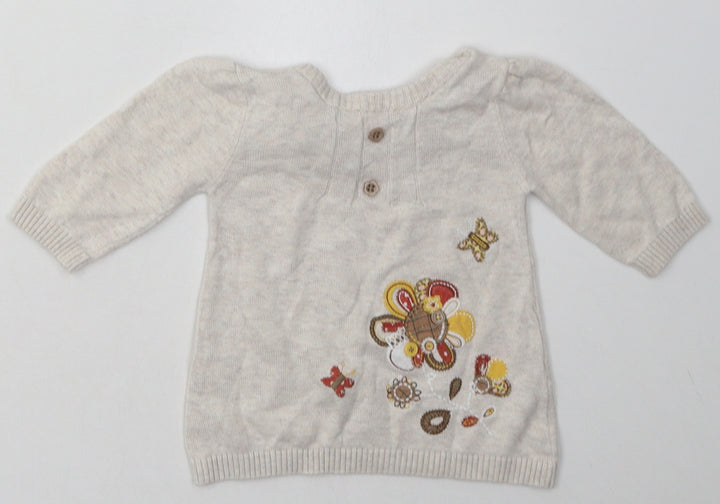 Sainsburys Girls Beige Floral Cotton Basic Casual Size 0-3 Months Crew Neck Button