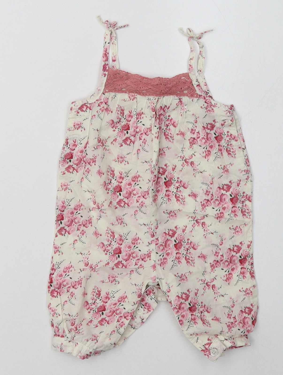 F&F Girls Beige Floral Cotton Dungaree One-Piece Size 0-3 Months  Buckle